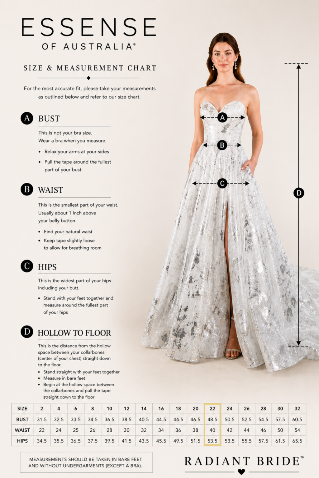 Essense of Australia Size Chart 22 | Radiant Bride