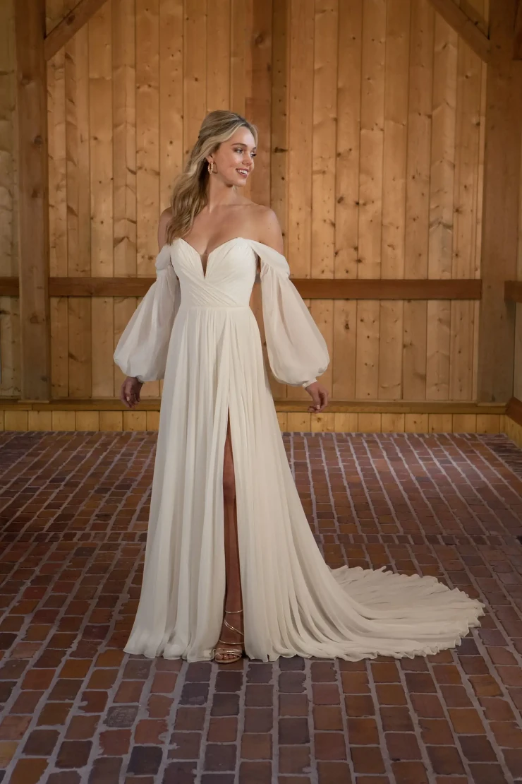 ivory light gold wedding dress Beaded Light Gold Long Sleeve Wedding Dresses Removable Overskirt 6756 –  Viniodress main image 1