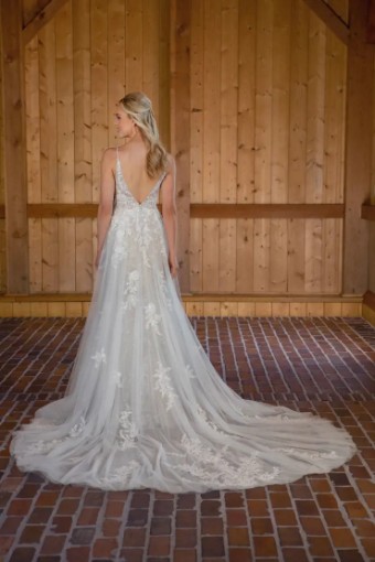 Essense of Australia Style #D3707 #1 (IVRM-PL) Ivory Lace & Tulle over Rum Gown w Porcelain Tulle Plunge thumbnail