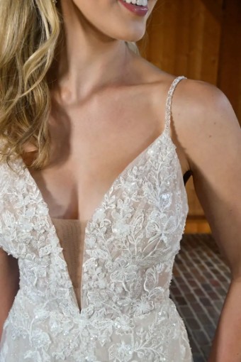 Essense of Australia Style #D3707 #2 (IVRM-PL) Ivory Lace & Tulle over Rum Gown w Porcelain Tulle Plunge thumbnail