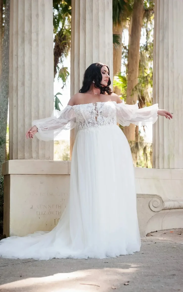 Stella York 7573+ Wedding Dress | Old World Charm Plus Size Boho with  Detachable Tulle Sleeves | Radiant Bride Cleveland